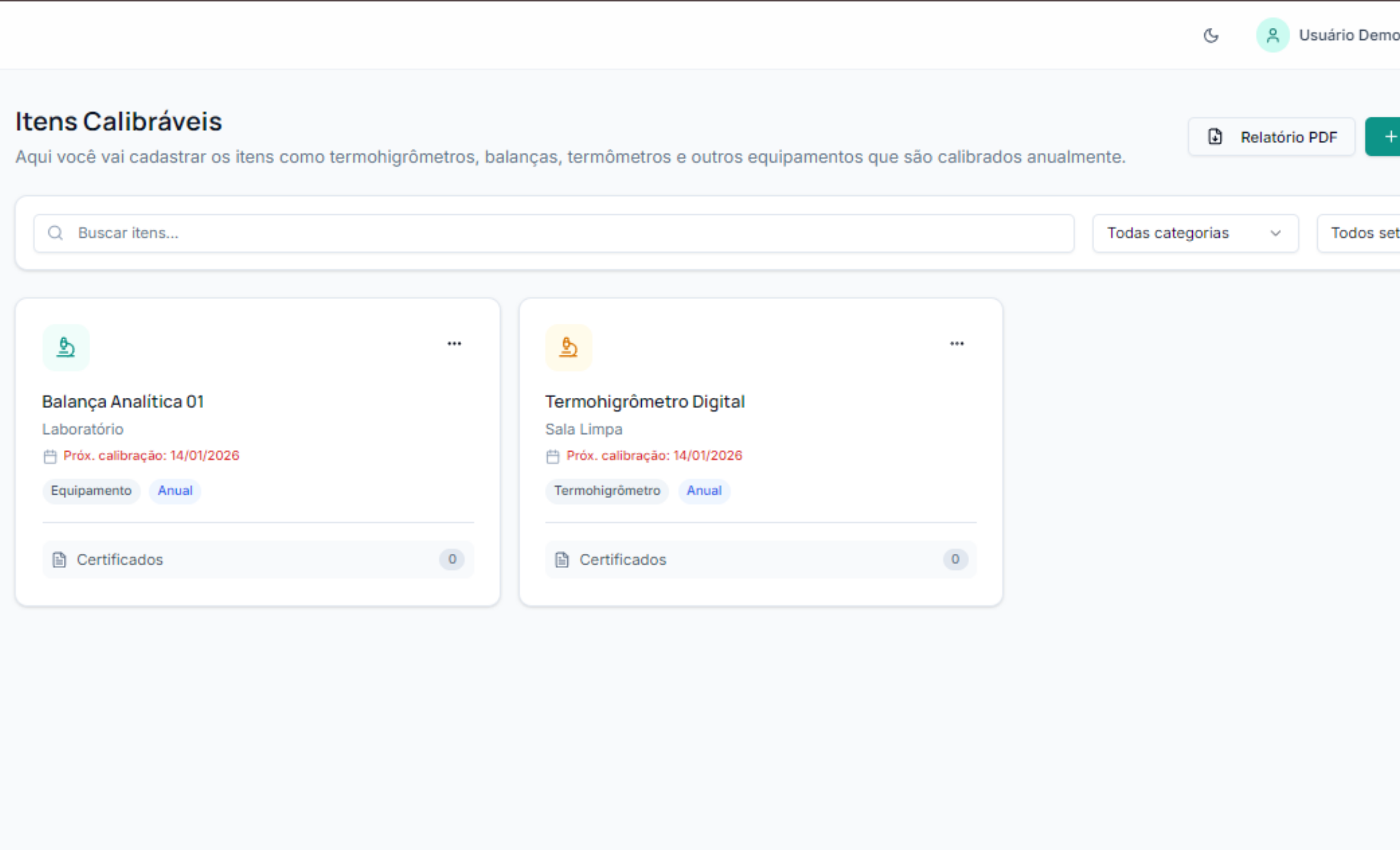 Tela de itens calibráveis